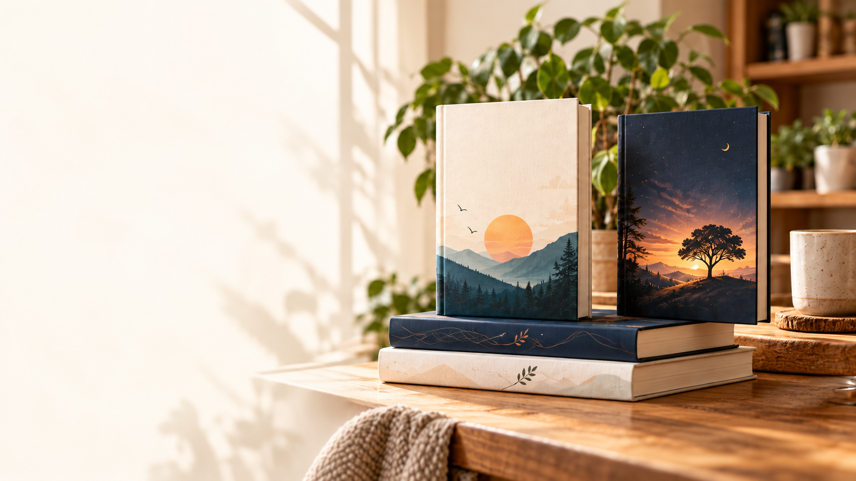 Atomic Habits and The Midnight Library on a sunlit wooden table